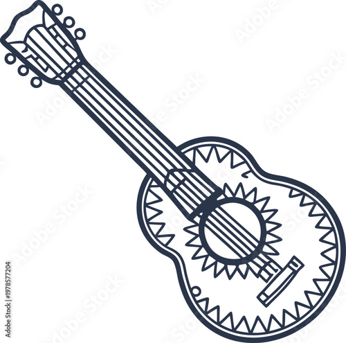 Traditional acoustic guitar with decorative pattern and six strings, musical instrument