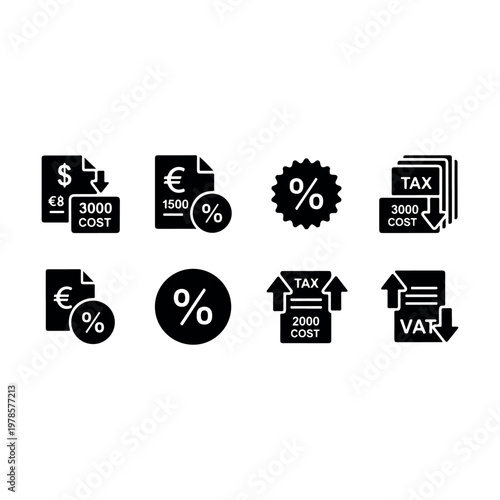 Comprehensive financial and taxation icons featuring currency symbols percentage calculations cost indicators and tax documents vector illustration