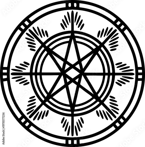 Black and white compass rose design with intricate directional points and circular frame