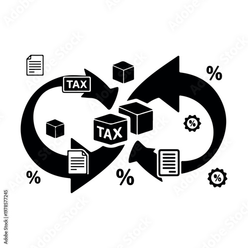 Cyclical process of tax documents financial cubes and percentage symbols representing economic flow vector illustration