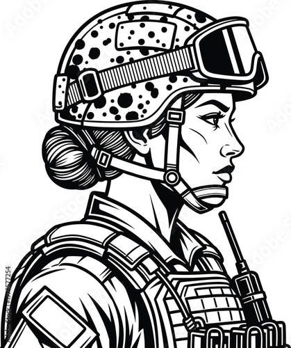 Black and white vector illustration of soldier in tactical helmet with goggles, vest, radio antenna, professional military profile concept