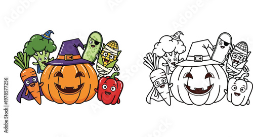 Halloween Vegetable Characters Vector Illustration and Coloring Book Page with Pumpkin Witch, Superhero Carrot, Mummy Corn and Broccoli Wizard