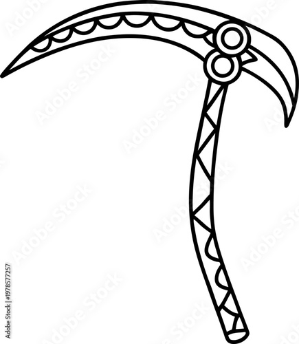 Traditional tribal scythe with ornamental patterns and curved blade illustration