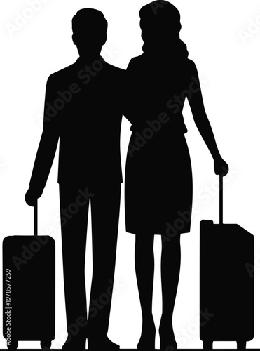 Black silhouette of two travelers standing side by side with suitcases on white background symbolizing journey, partnership, business travel
