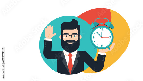Bearded businessman with glasses waves while holding a large alarm clock set to ten past eleven to emphasize punctuality.