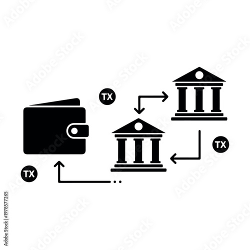 Digital wallet connected to bank buildings via tax transaction arrows