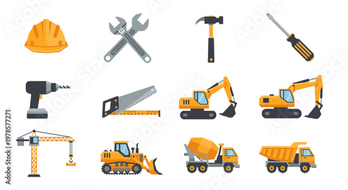 Construction vehicles and tools icons set.