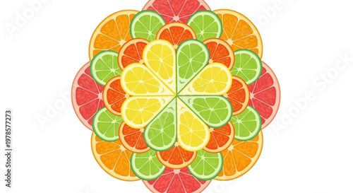Vibrant citrus fruit mandala pattern showcasing fresh, healthy, and colorful segmented slices arranged in a unique decorative design concept
