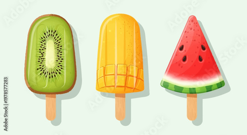 Sweet frozen fruit popsicles a refreshing summer treat with kiwi, mango, and watermelon flavors