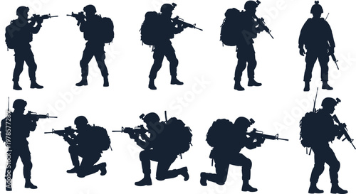 Black silhouette vector illustration of armed soldiers with rifles and backpacks in tactical combat poses on white background