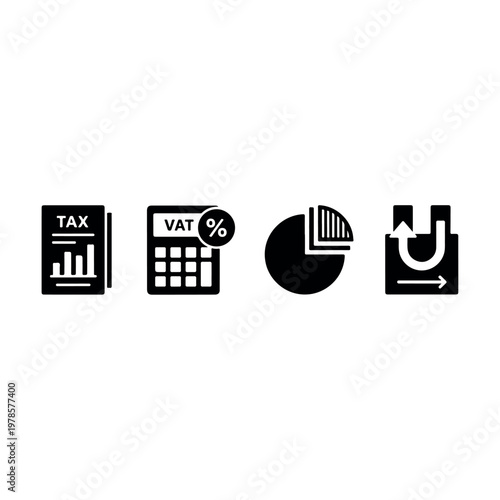Financial accounting symbols including tax documents VAT calculation data analysis and product return process glyph vector icon set
