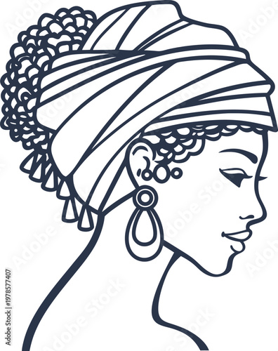 elegant african woman profile with headwrap and large earrings in minimalistic line art