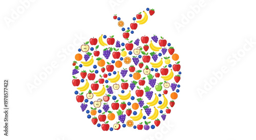 Colorful Array of Fresh Fruits Artistically Composing a Wholesome Apple Shape, Symbolizing Healthy Eating and Natural Nutrition for Well-being