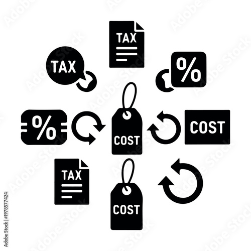 Financial cost and tax elements arranged in a circular flow with percentage symbols and arrows