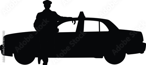 Black silhouette of uniformed person leaning against taxi car with rooftop light, standing pose illustration for transportation and service concept