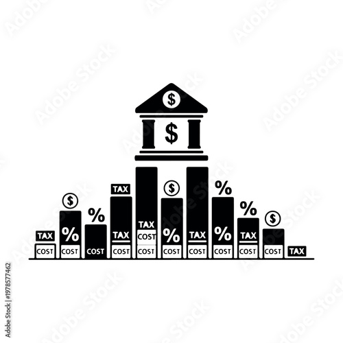 Financial institution cost analysis vector illustration displaying bank building with dollar sign atop a bar chart of taxes and expenses