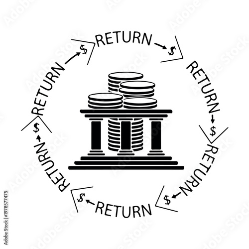 Financial institution demonstrating investment return cycles with stacks of coins and circular arrows
