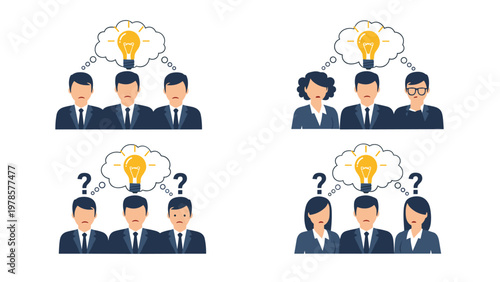 Diverse groups of professional men and women with lightbulbs and question marks representing collective brainstorming and confusion.