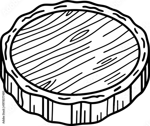 Wood log slice with visible grain and bark texture in black line art