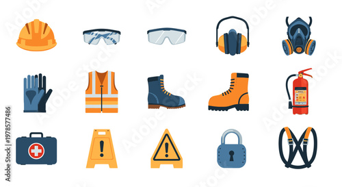 Safety equipment and protection icons.