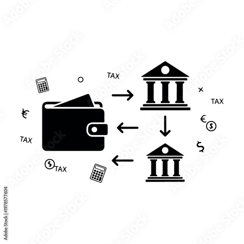 Financial transaction diagram illustrating money movement between a wallet banks tax symbols and calculators for budgeting