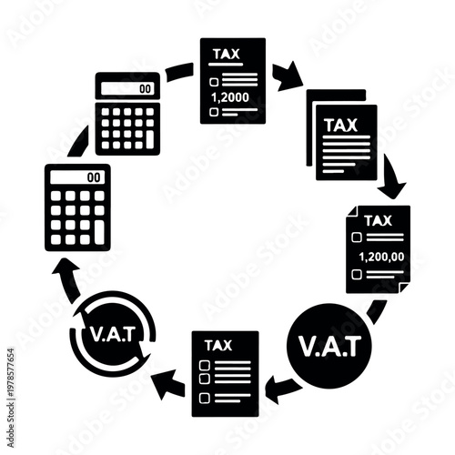 Financial workflow circular diagram featuring calculators and tax forms with vat labels for tax accounting and business expense management processes