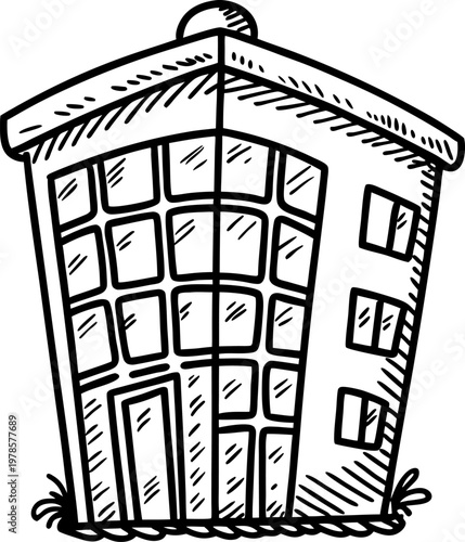 Sketch of a modern office building with multiple windows and main entrance