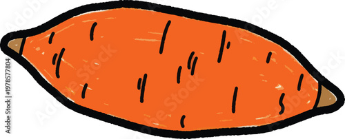 A sweet potato is depicted in a cartoon style. The orange root vegetable has a slightly elongated shape with a pointed end.