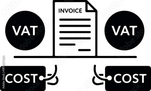 Invoice and cost calculation with VAT symbols and currency tags illustrating financial transaction details