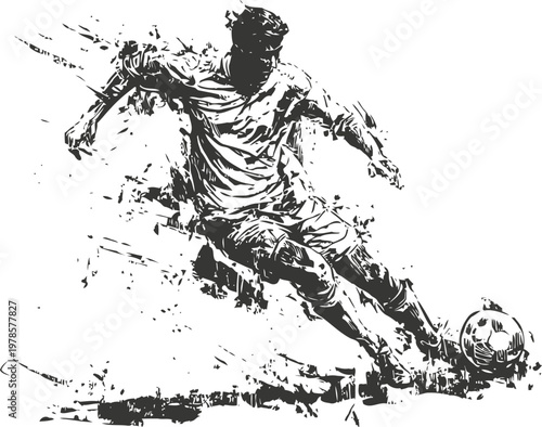 Dynamic soccer player kicking ball in action sketch drawing with energetic motion lines