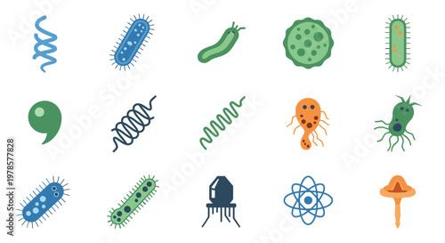 Microorganisms and bacteria icons set.