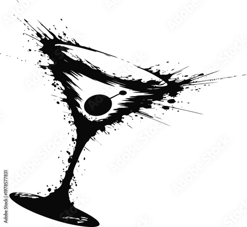 Martini glass splash silhouette with olive garnish artistic ink splatter illustration