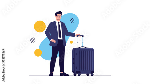 Professional businessman in a suit and tie stands confidently next to his large suitcase ready for travel or relocation.