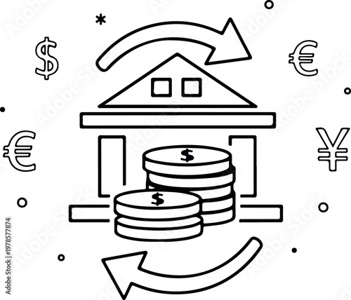 Outline icon of a bank building with coins and currency symbols surrounded by arrows