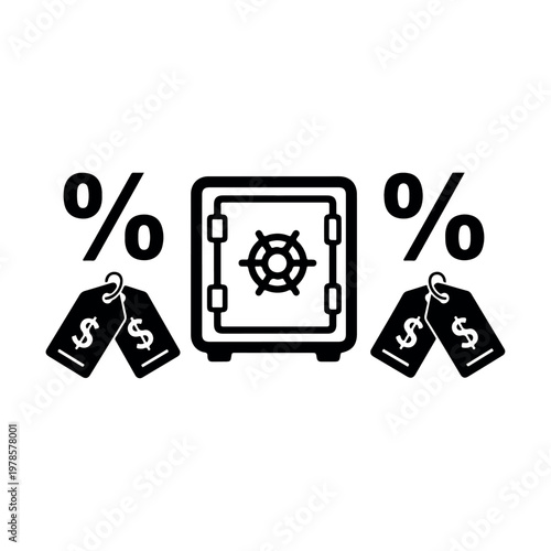 Secure financial savings vector illustration depicting a safe deposit box flanked by percentage signs and dollar price tags