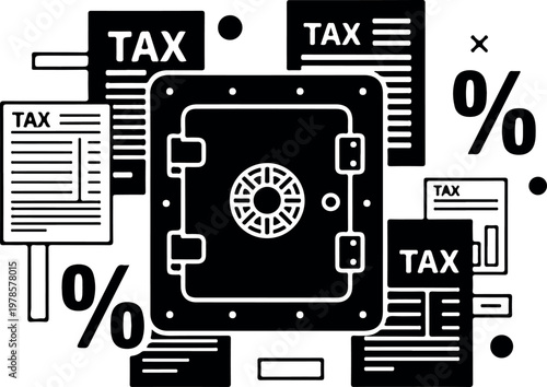 Secure financial documents and tax forms surrounding a robust money safe percentage symbols vector illustration