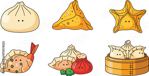 Dumpling and Snack Vector Set Featuring Dim Sum, Samosas, Gyoza, and Steamed Buns for Food, Culinary, and Asian Cuisine Designs