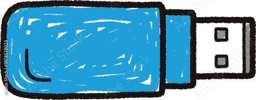 A blue USB flash drive is depicted in a doodle style. The drive has a white outline and two USB ports.