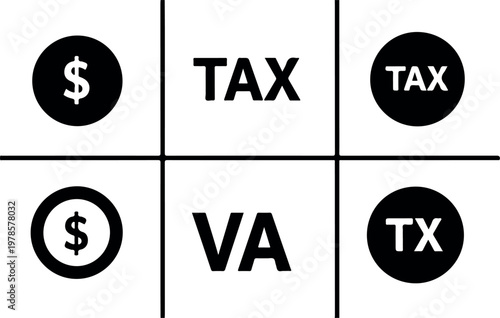 Set of four financial icons including dollar signs and tax labels in a grid layout for tax accounting and financial reporting concepts on a white background