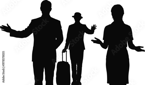 Silhouette of three people in business attire with suitcase, travel concept, teamwork, communication, professional vector illustration, black art design
