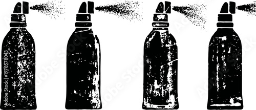 Four black silhouette spray paint cans with sprayed mist in different angles on white background