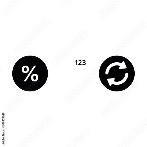 Simple flat design illustration featuring a percentage symbol numeric value 123 and a circular refresh arrow