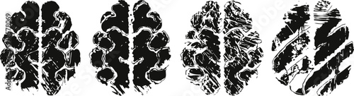 Set of four brain illustrations with varying artistic ink and brush stroke styles, black silhouette designs