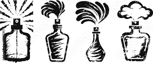 vintage perfume bottles with spray and cloud mist design silhouettes set