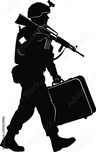 Silhouette soldier walking with suitcase and rifle, military travel concept illustration representing transition between combat and civilian life