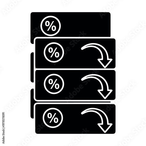 Stacked percentage boxes with downward curving arrows indicating sequential reduction or decreasing rates in a process