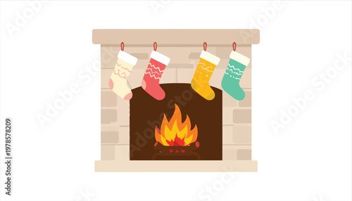 vector Cozy Christmas Fireplace with Colorful Stockings and Burning Fire