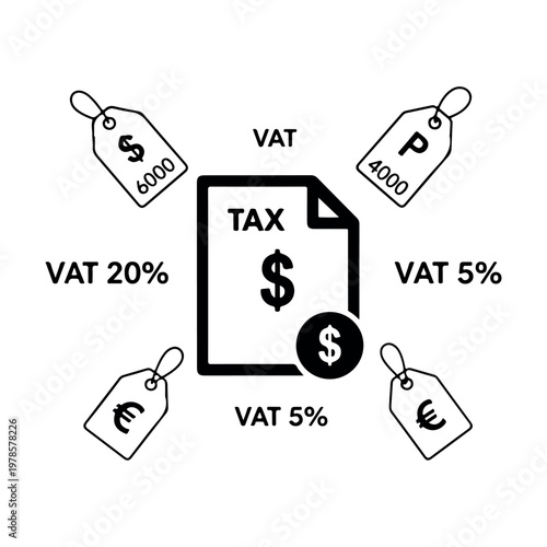 Tax document with dollar sign surrounded by price tags showing different currency symbols and percentages