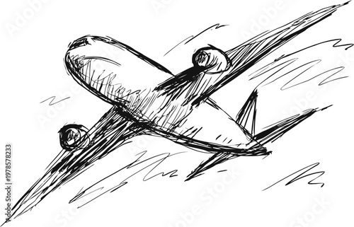 Airplane in flight sketch hand drawn airplane with visible engines and wings flying aircraft illustration with dynamic lines
