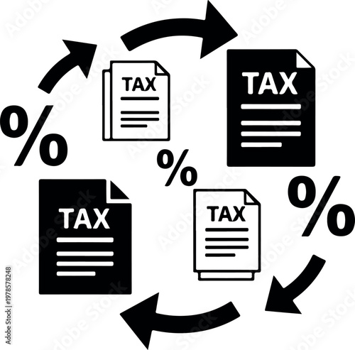 Tax percentage cycle with tax forms and arrows illustrating tax rate fluctuations and financial management